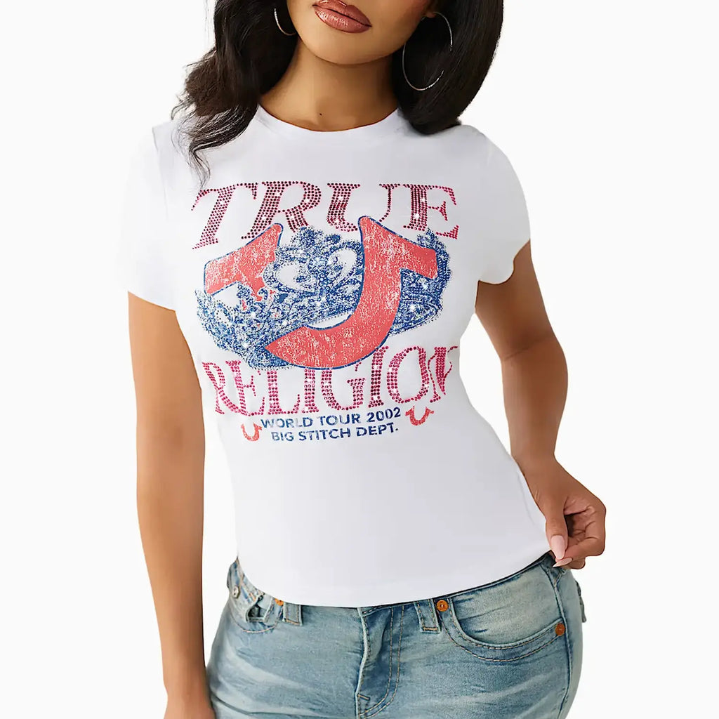 T-shirt classique col rond en cristal pour femme