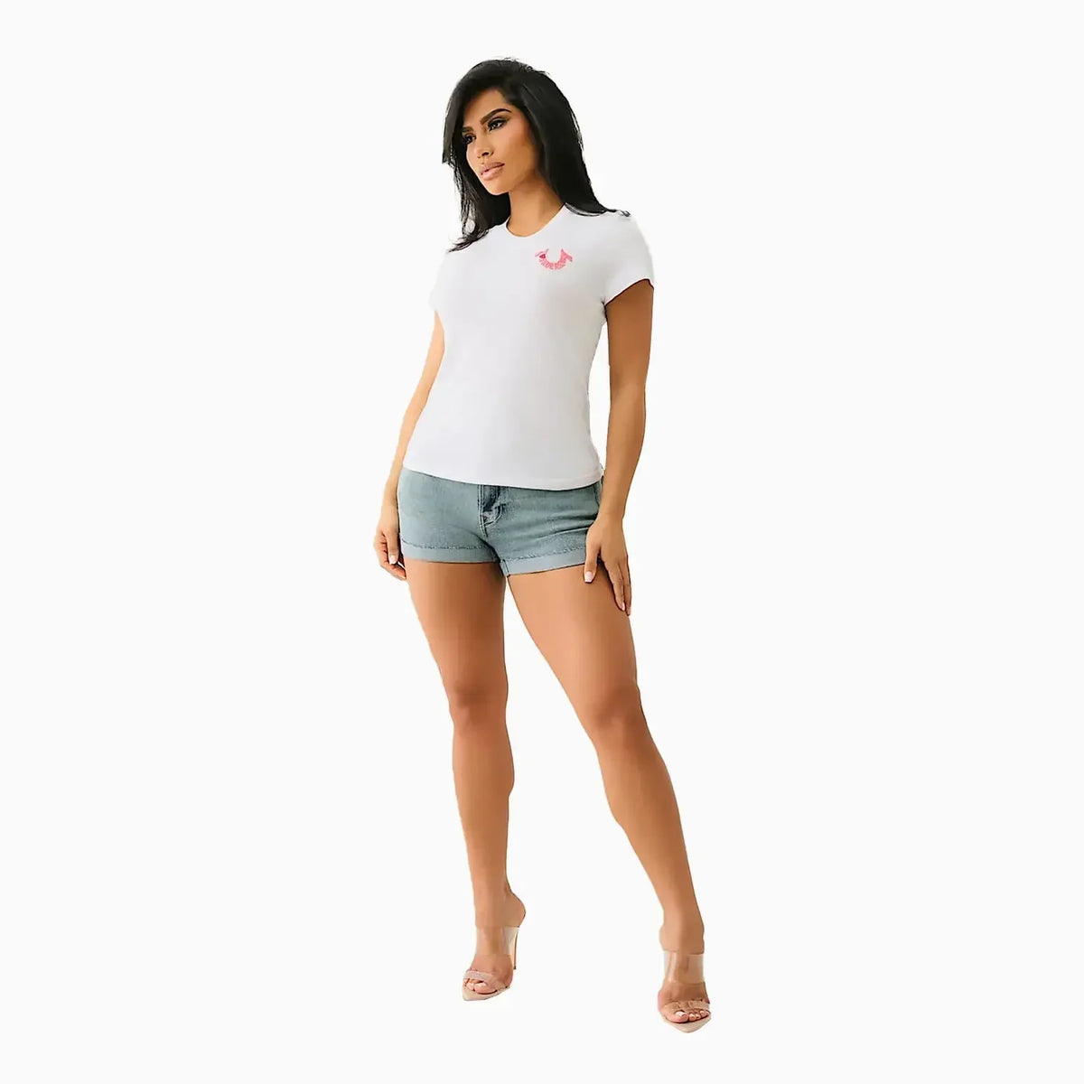 Camiseta de manga corta bordada con el logo "I Love True Religion" para mujer