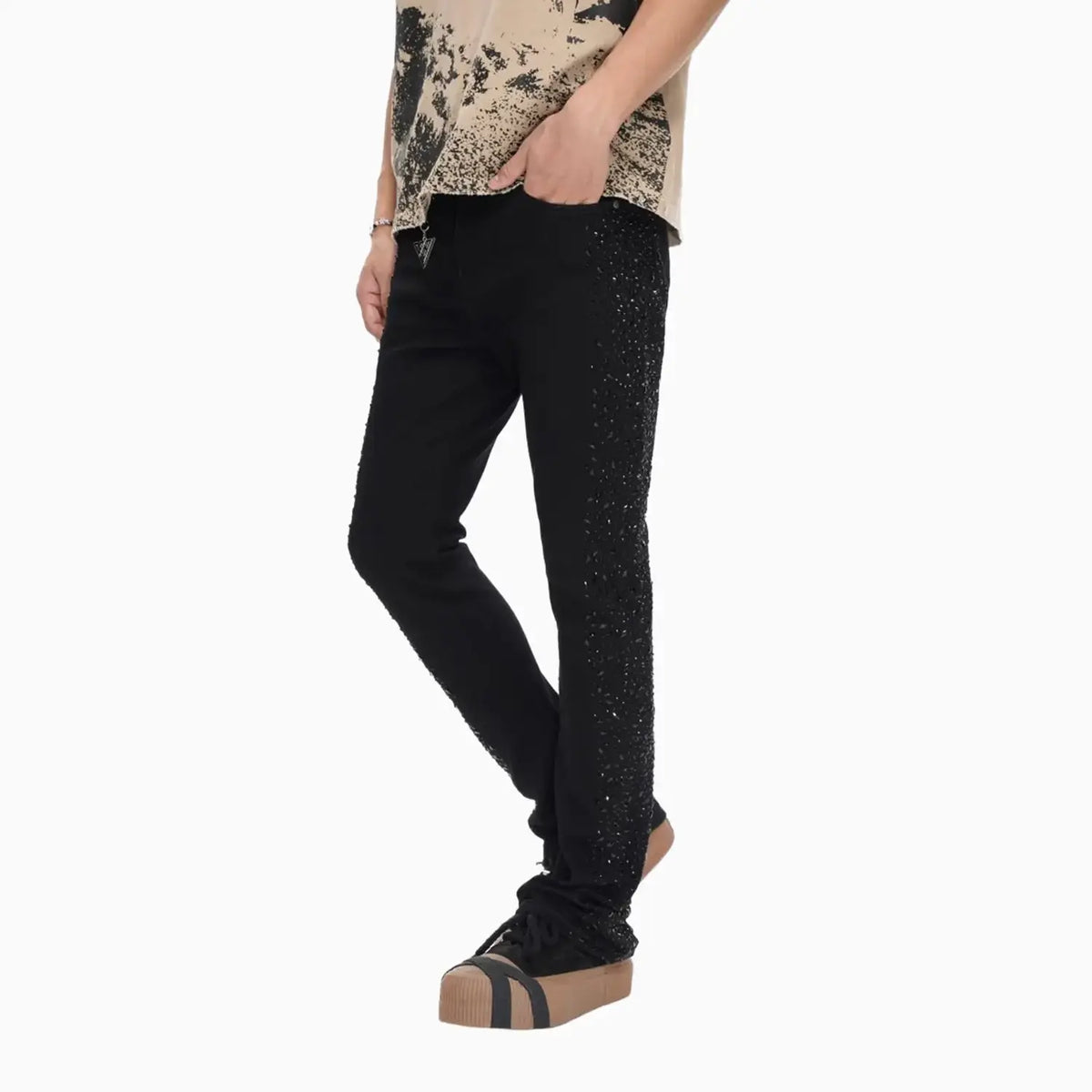 Pantalón de mezclilla para hombre apilado con efecto acampanado Jet